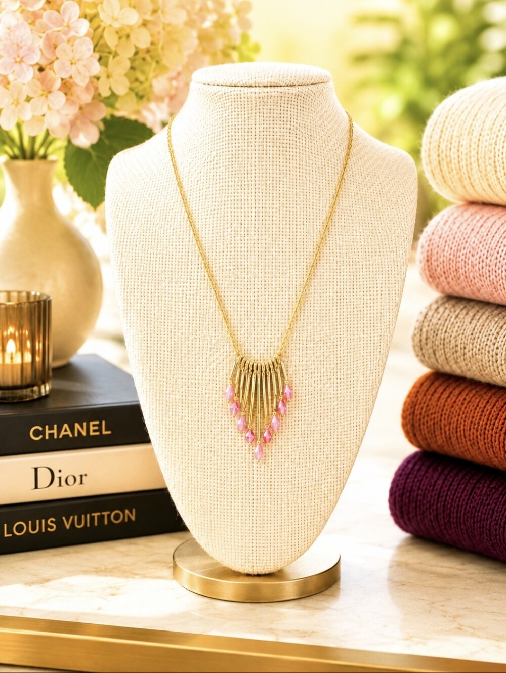 Gold Necklace with Pink Accents